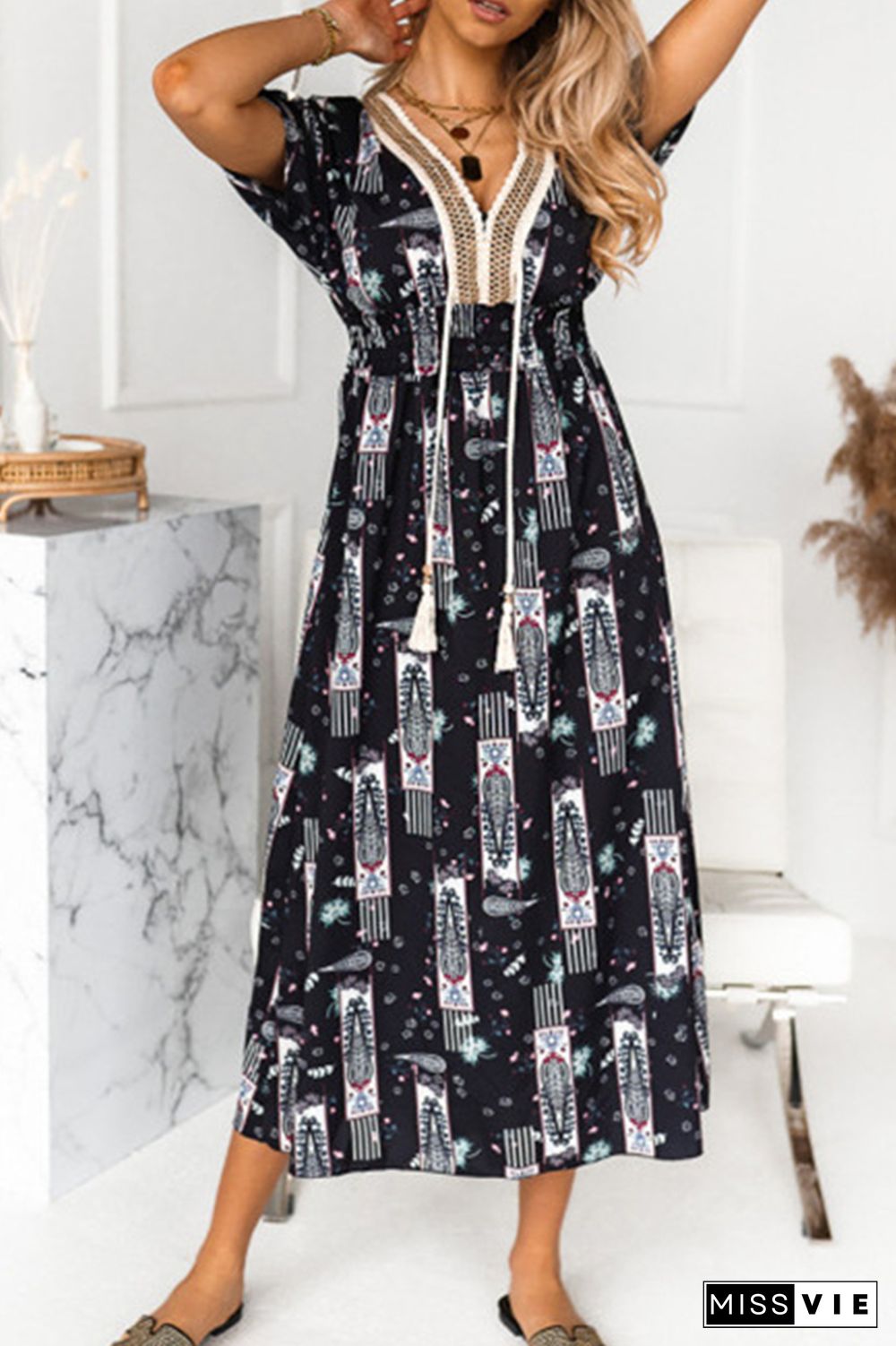 Fashion Elegant Print Tassel Split Joint V Neck A Line Dresses