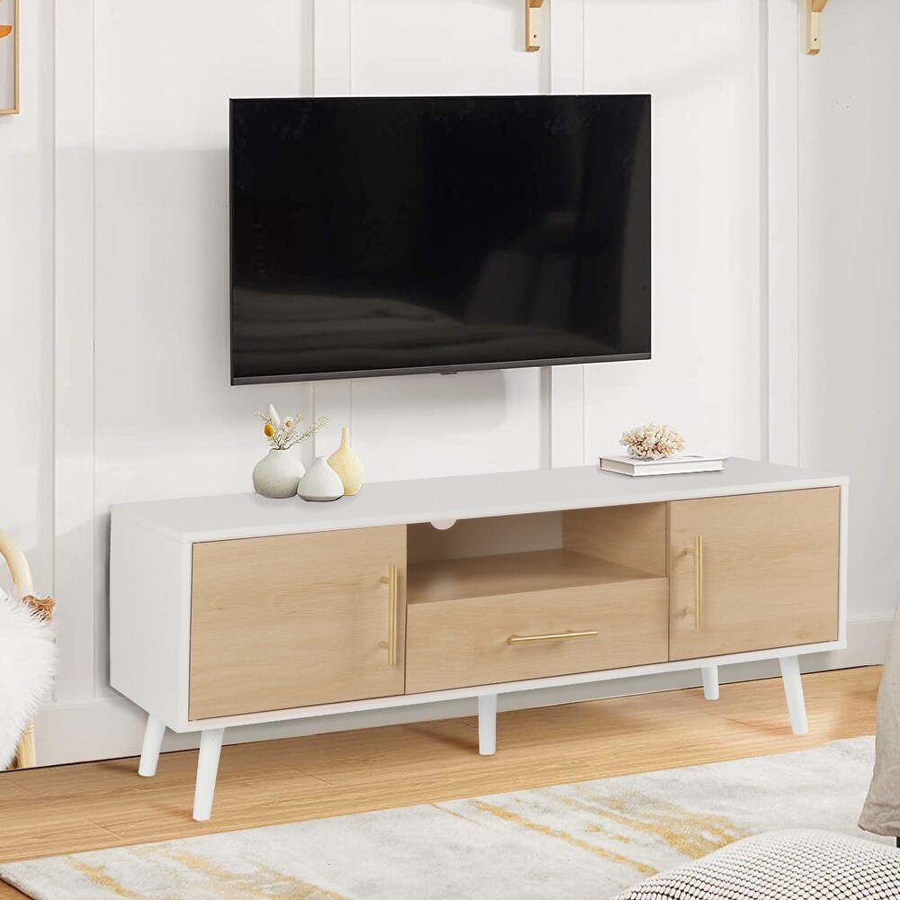 Anmytek Mid Century Modern TV Stand for TVs up to 55 inch  Boho Media Console Table with Storage Cabinet and Drawer