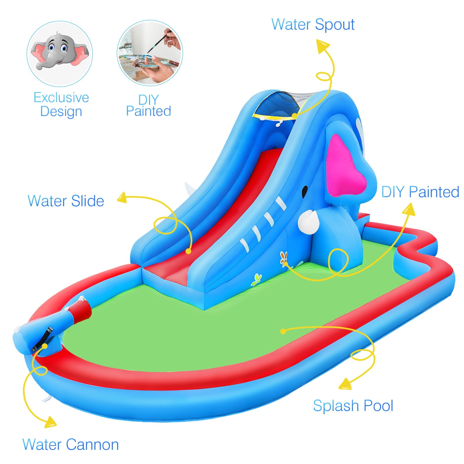 Inflatable pool water slides kids outdoor Inflatable bouncers House w/long slide Climbing Wall & Large Splash Pool, Water Cannons & Hose, Elephant Themed Inflatable Water Park (with 550w Blower)