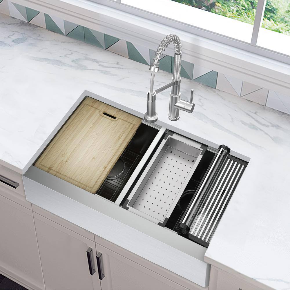 Glacier Bay Professional 36 in Farmhouse ApronFront 16G Double Bowl Workstation Stainless Steel Kitchen Sink with Spring Neck Faucet FSU1ZAS3621A0SA