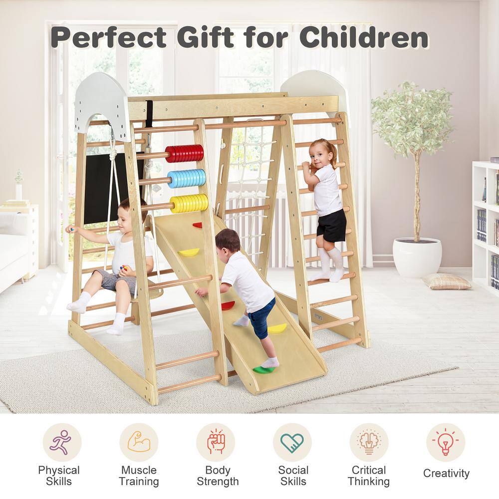 Costway Natural Indoor Playground Climbing Gym Kids Wooden 8-in-1 Climber Playset for Children TY328218NA+