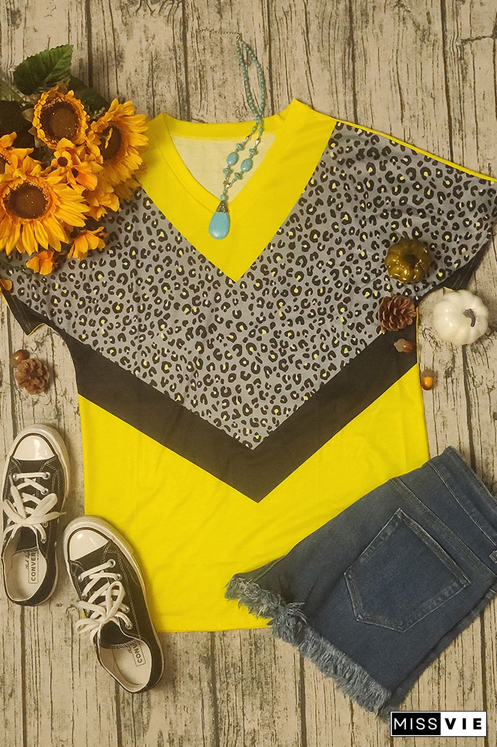 Yellow Leopard Color Blocking Short Sleeve T-shirt