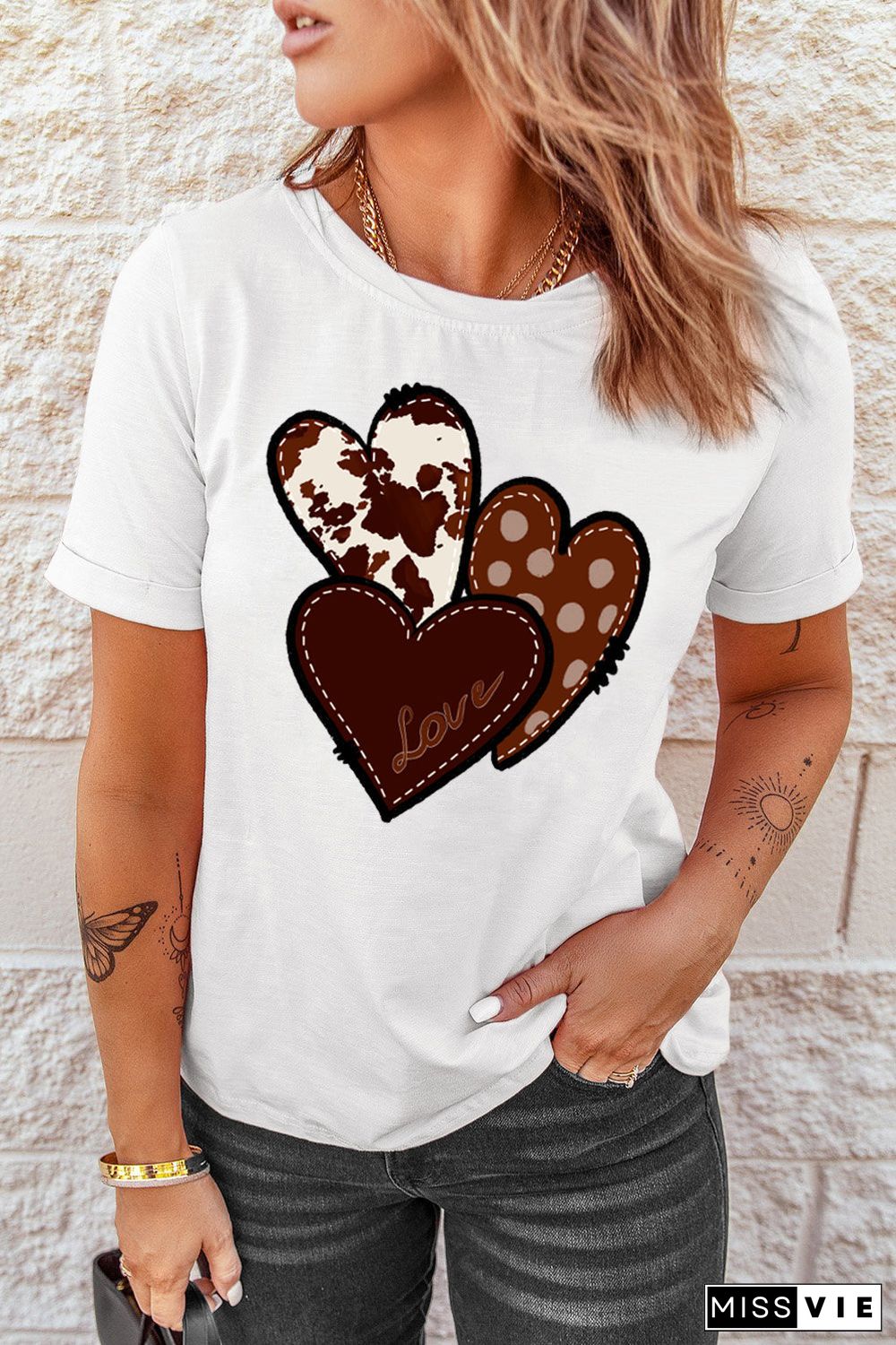 White Valentine'S Western Fashion Day Heart Print T-Shirt