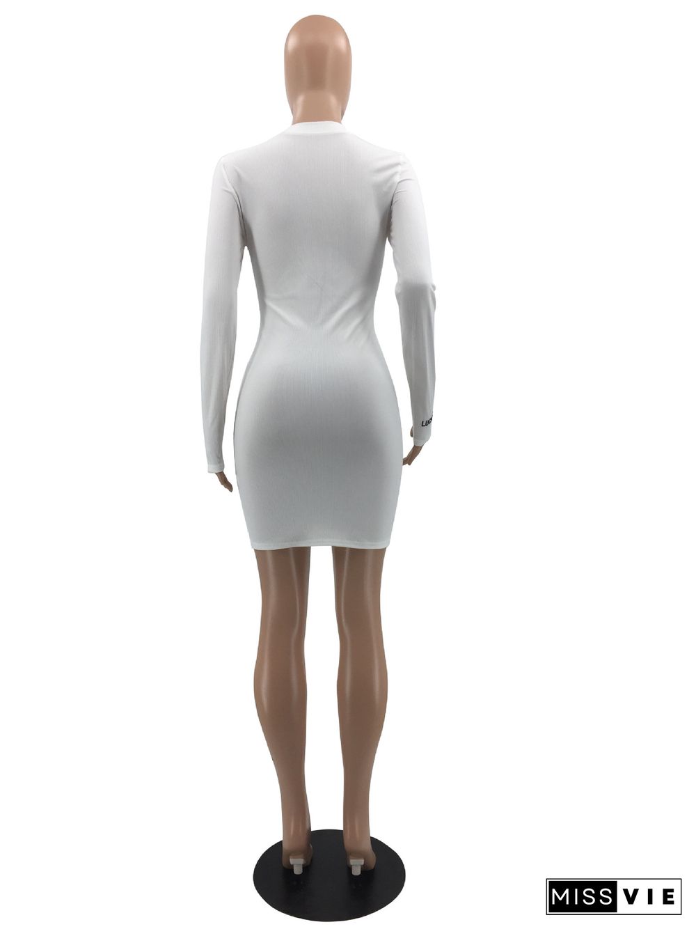 Embroidered Long Sleeve Front Zipper Bodycon Dress