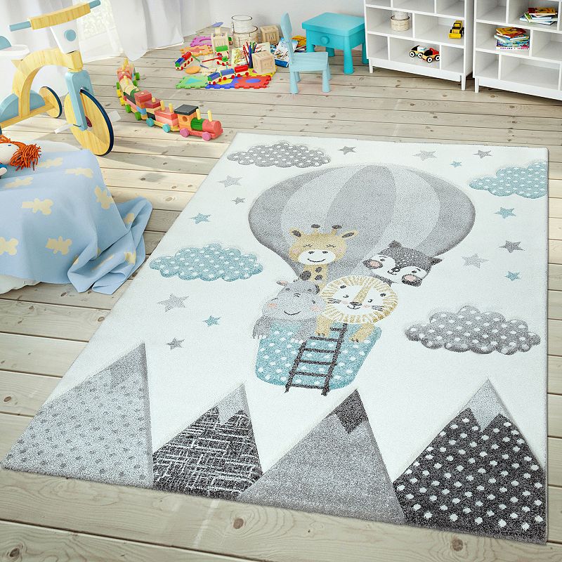 Nursery Rug for Kids Cute Animals on a Hot Air Balloon in Cream Blue