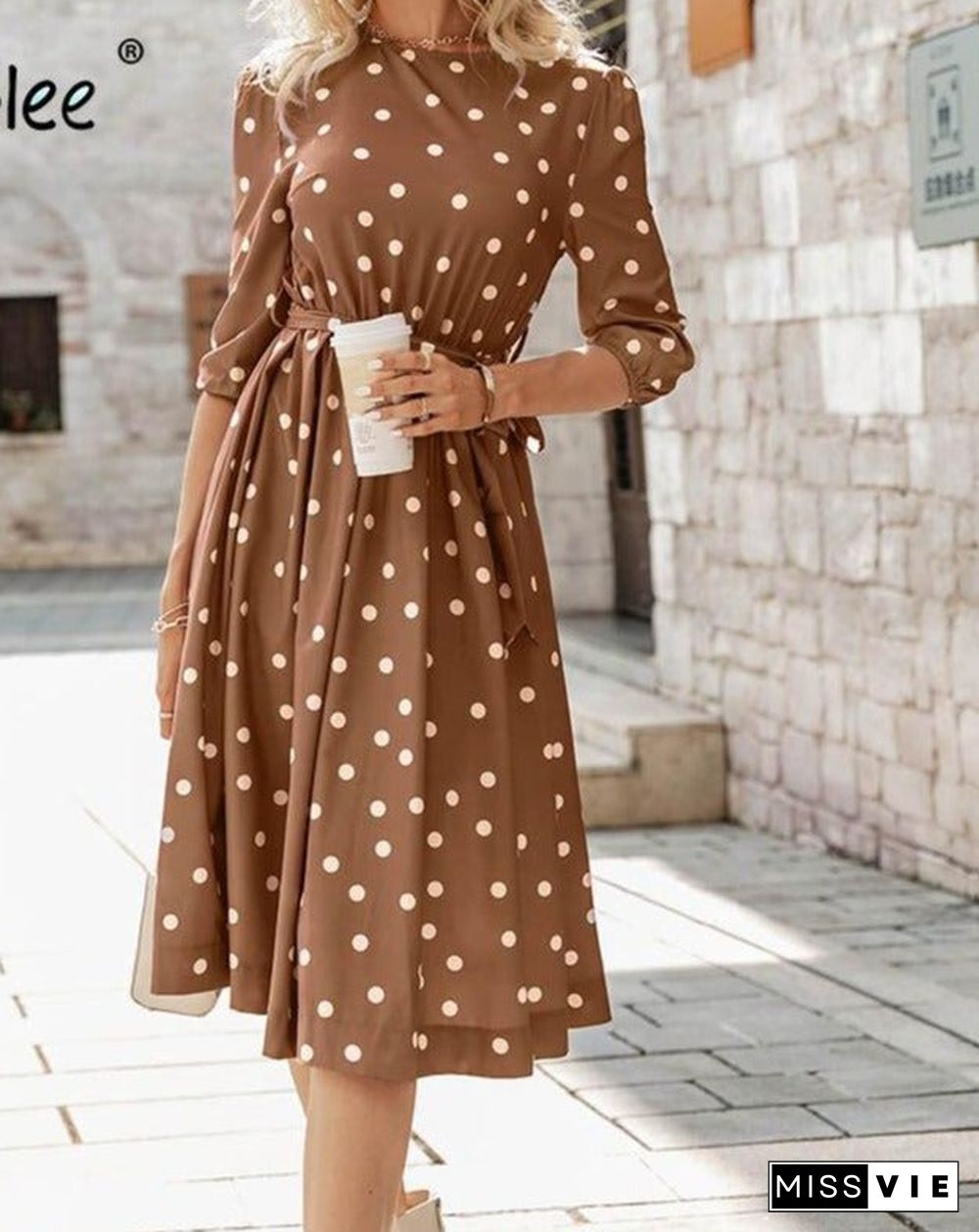 Elegant A-line polka dot women dress autumn Office lady o-neck belt women midi dresses Half sleeve female purple vestido