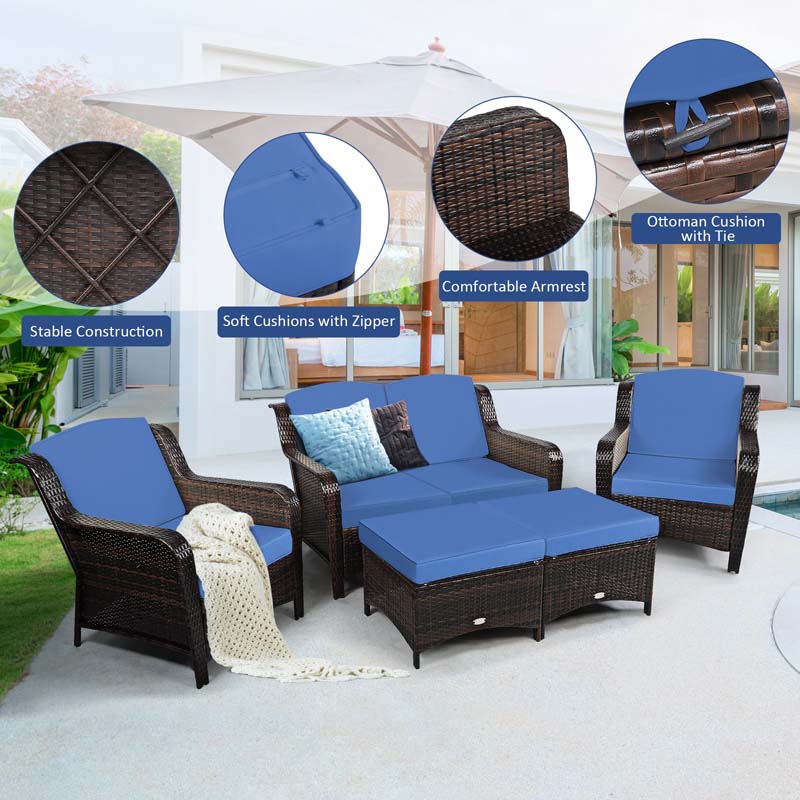 5 Pcs Rattan Wicker Patio Furniture Set with Loveseat, Single Sofas & Ottomans, Outdoor Conversation Sets