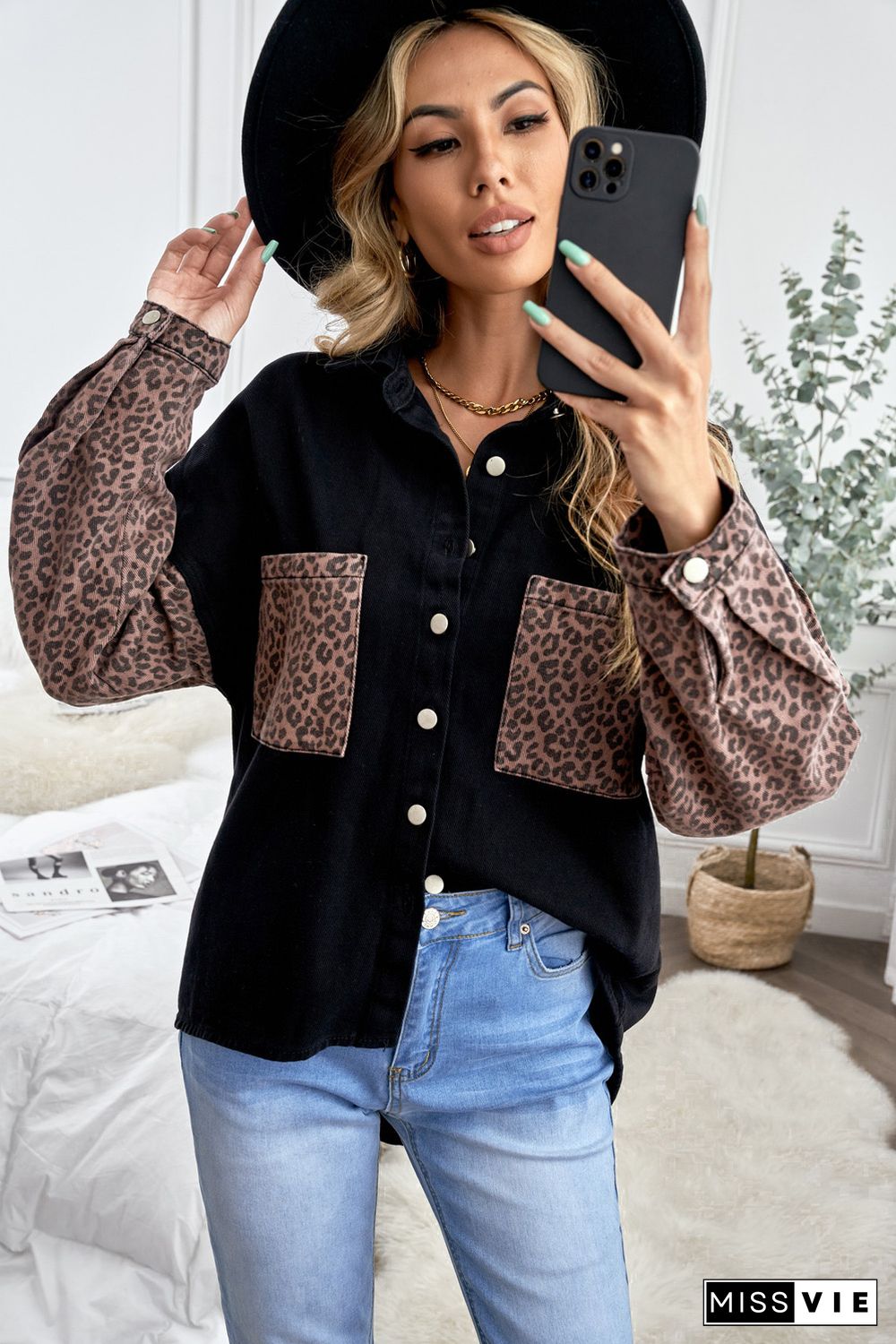 Black Contrast Leopard Denim Jacket