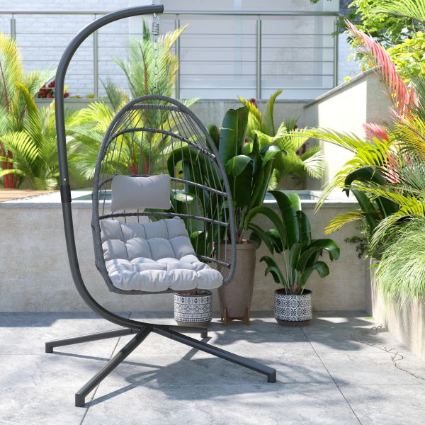 Cleo Patio Hanging Egg Chair， Wicker Hammock with Soft Seat Cushions and Swing Stand， Indoor/Outdoor Gray Frame-Gray Cushions