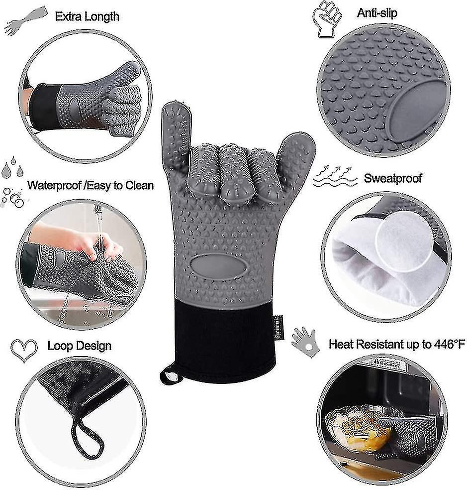 Bbq Utensil Bbq Gloves， Heat Resistant Silicone Baking Gloves， Long Waterproof Bbq Oven Gloves With