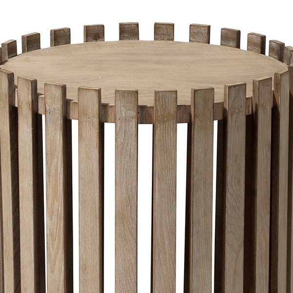 Side Table with Slatted Design Drum Silhouette， Washed brown - 15 L x 15 W x 21 H