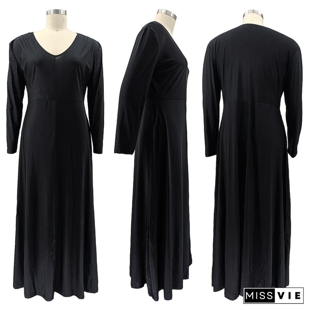 Large Size Solid Color V-neck Long-sleeved Mopping Dress