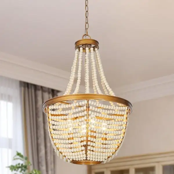 Luxury Wood Beaded Chandeliers Boho Distressed White Vintage Glam Gold Decor Ceiling Lighting - D 16.5'' x H 86'' Shopping - The Best Deals on Chandeliers