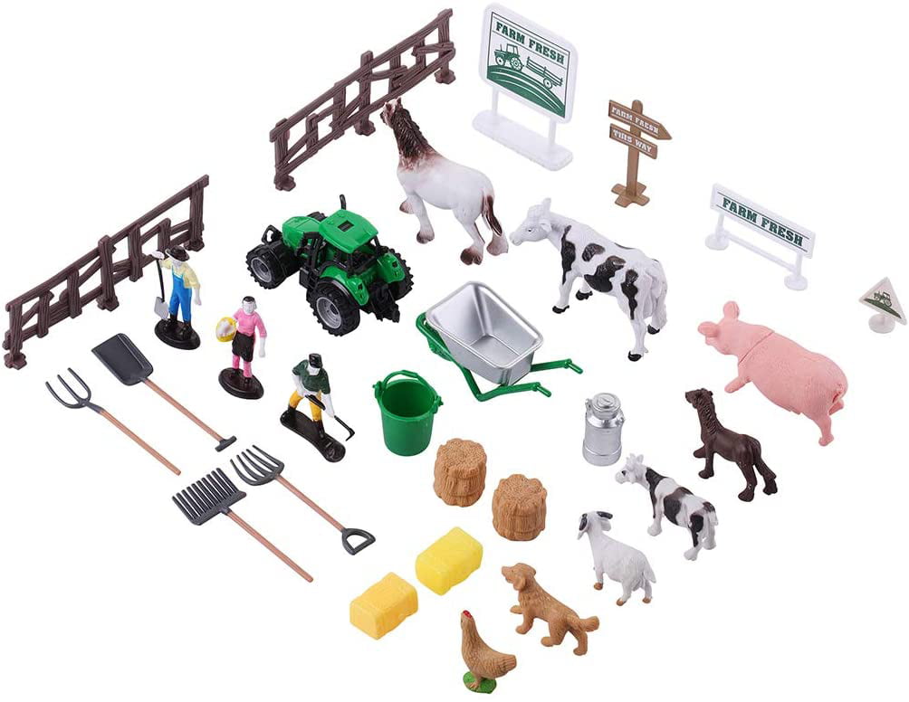 Farm Sand Play Set 28 Figures- Sensory Toys for Kids with 2 lbs of Sand, Farm Animals, Signs, Fences, Trucks and Farm Tools