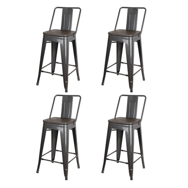 24 inch High Back Metal Stool with Dark Wooden Seat-Set of 4