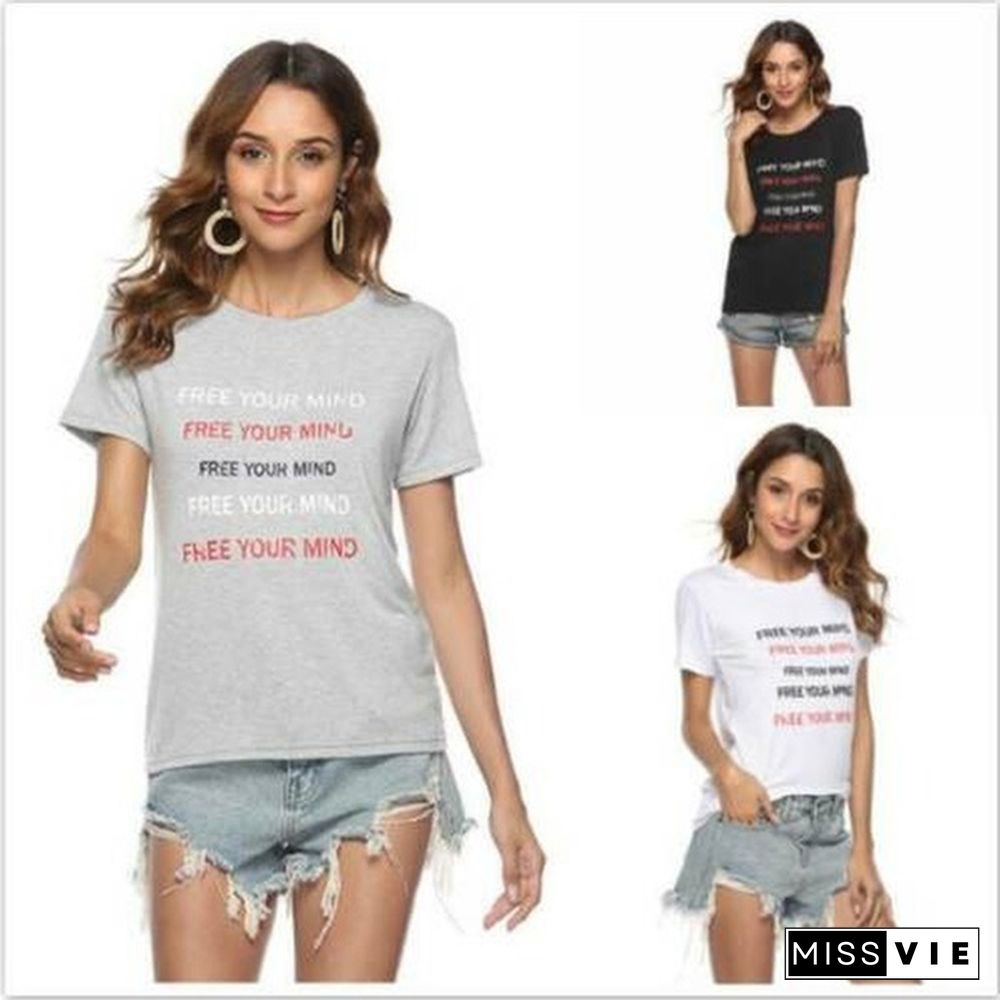 Letters Print T-shirt Women Summer Short Sleeve O-Neck Top Tees Casual T Shirt