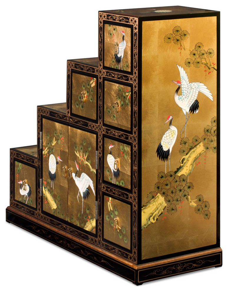 Gold Leaf Hand Painted Crane Motif Japanese Step Tansu Cabinet   Asian   Accent Chests And Cabinets   by China Furniture and Arts  Houzz