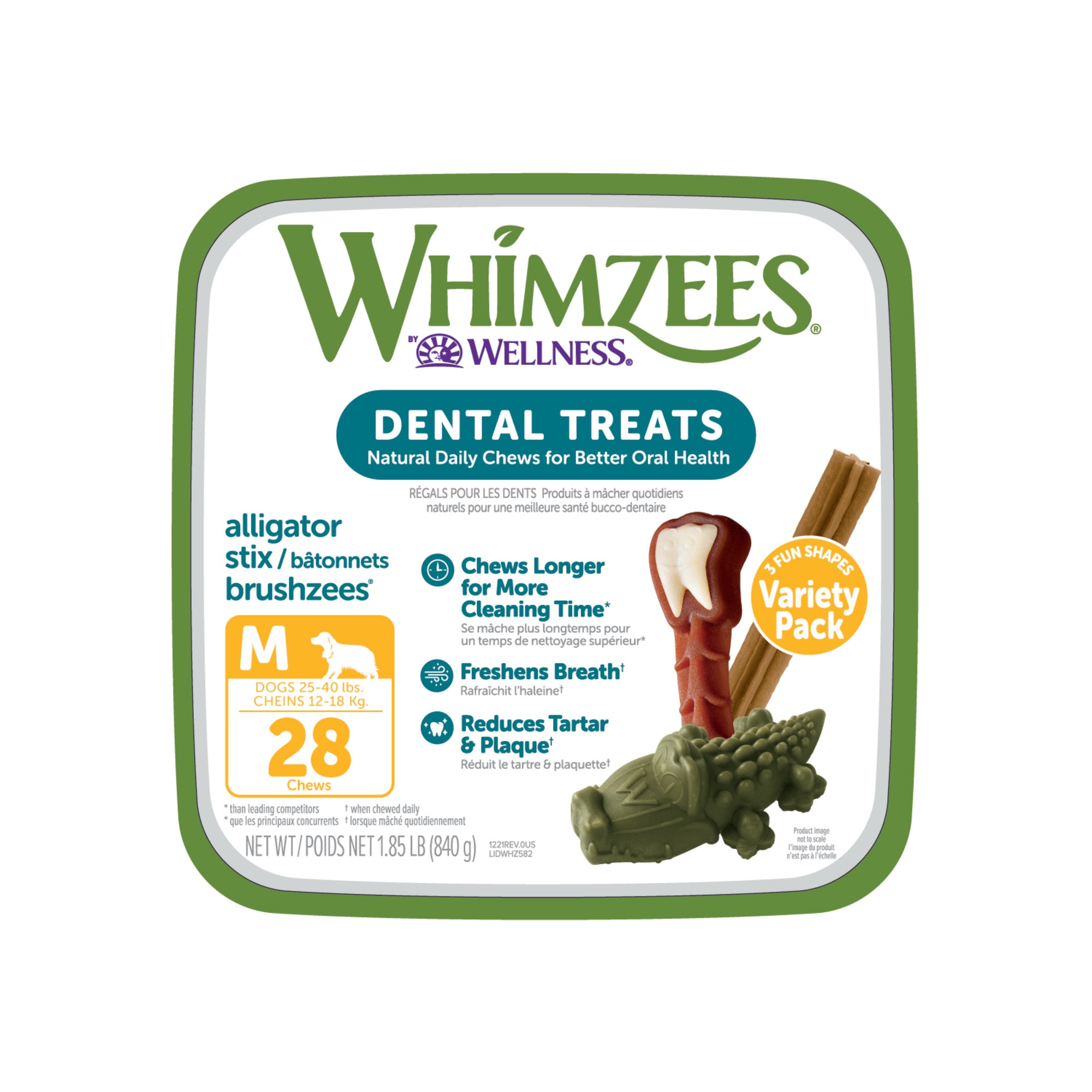 Whimzees Natural Grain Free Daily Long Lasting Medium Dental Dog Treats Variety Pack， 29.6 oz.， Count of 28