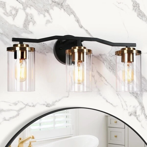 Modern Farmhouse Black Gold 3-Light Bathroom Vanity Lights Cylinder Glass Wall Sconces - 21