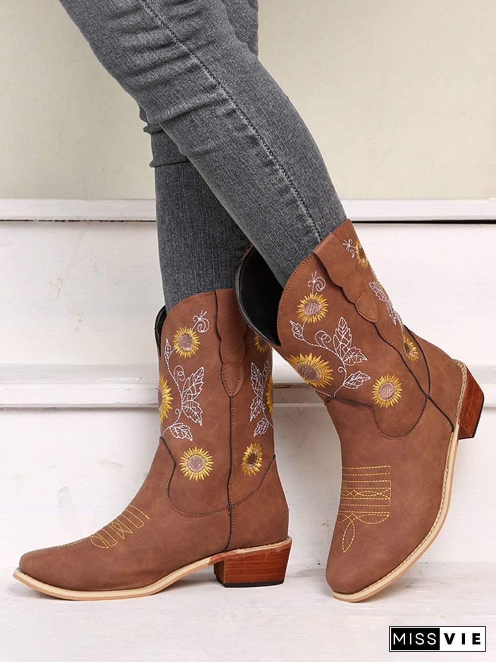 Sunflower Embroidery Boho Cowboy Boots