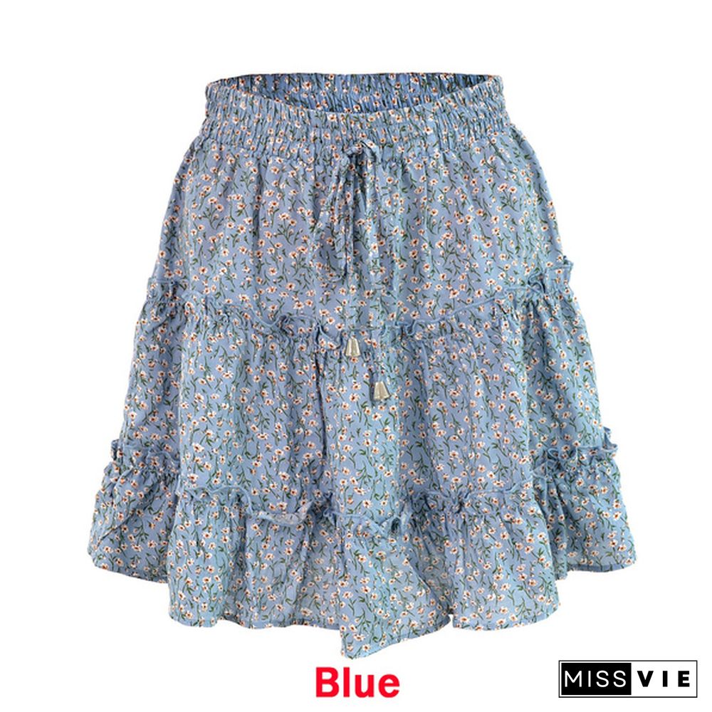 Women Fashion Casual Floral Short Skirts Summer High Waist Pleated Beach Skirt