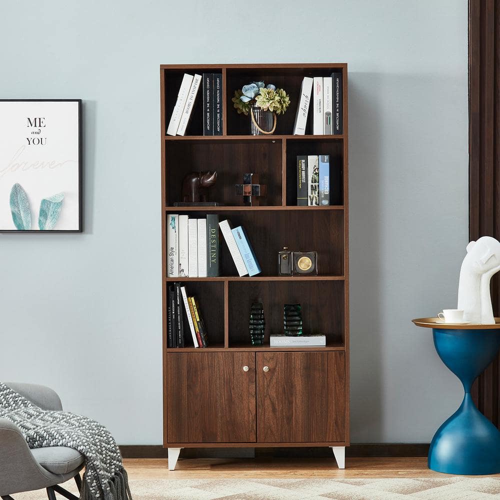 68 in. Walnut Standard Bookcase with 2-Door and Bookshelf SW-SJ-WA-10