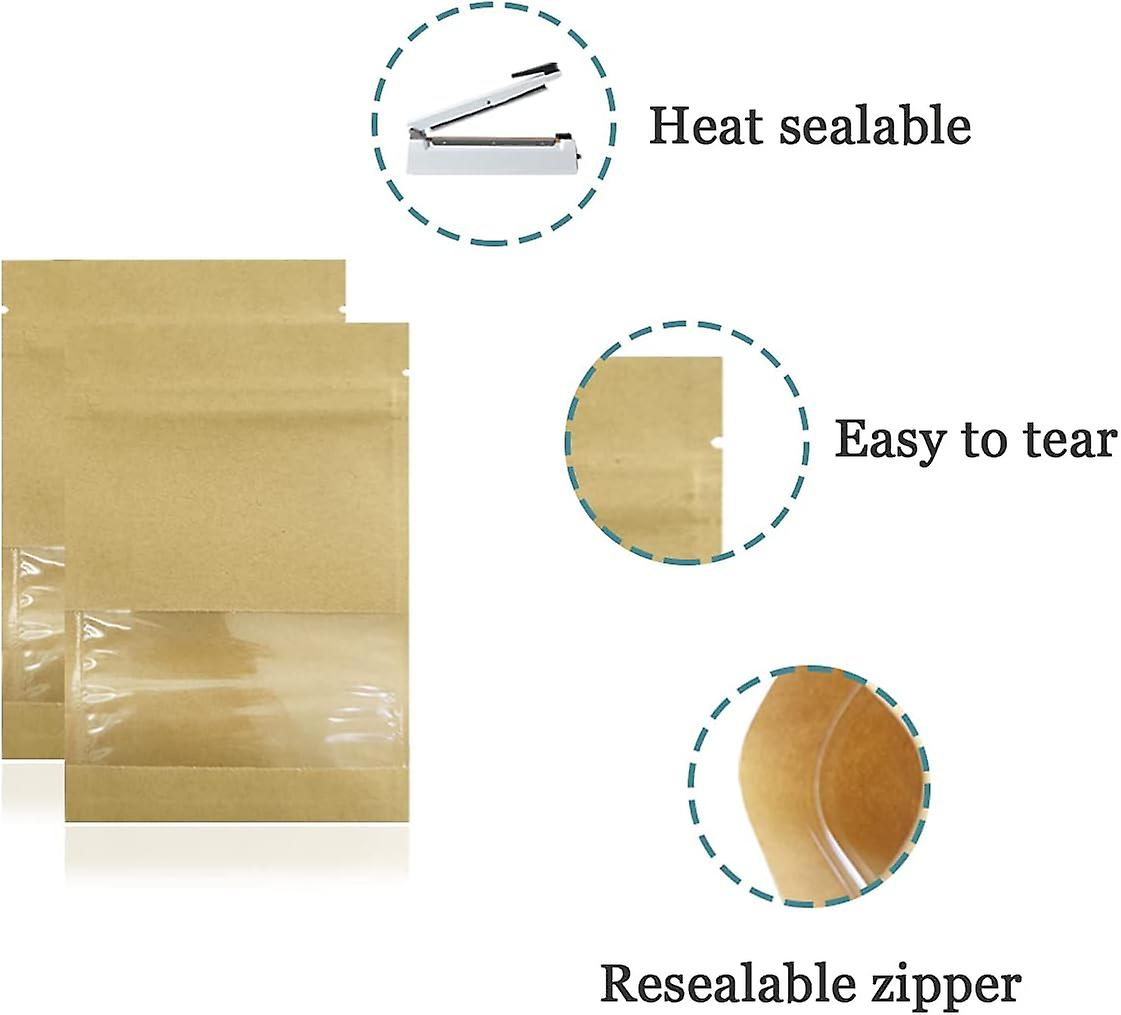 100 Pack Clear Window Airtight Brown Kraft Paper For Zip Food Storage Lock Small Bags Reclosable Seal 2.7x3.5inch (inner Size 2.36x2.36inch) Zipper Re