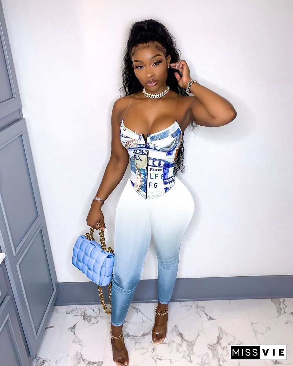 Sexy Women Streetwear Strap Printed Corset Top Skinny Long Pants Summer Club Party Bodycon 2 Piece Set