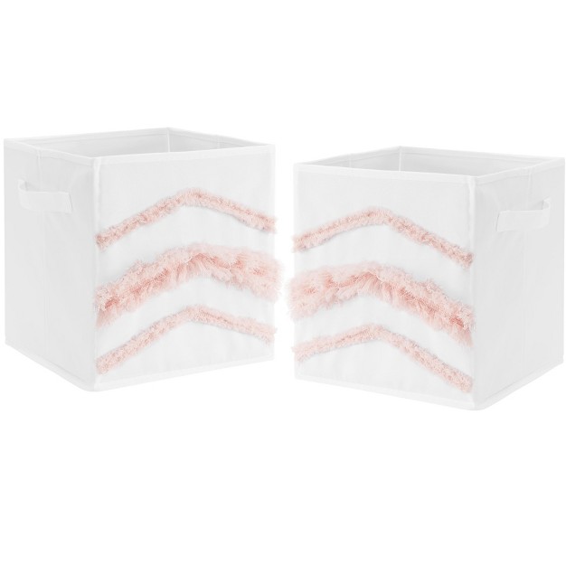 Sweet Jojo Designs Girl Set Of 2 Kids x27 Decorative Fabric Storage Bins Boho Fringe White And Pink