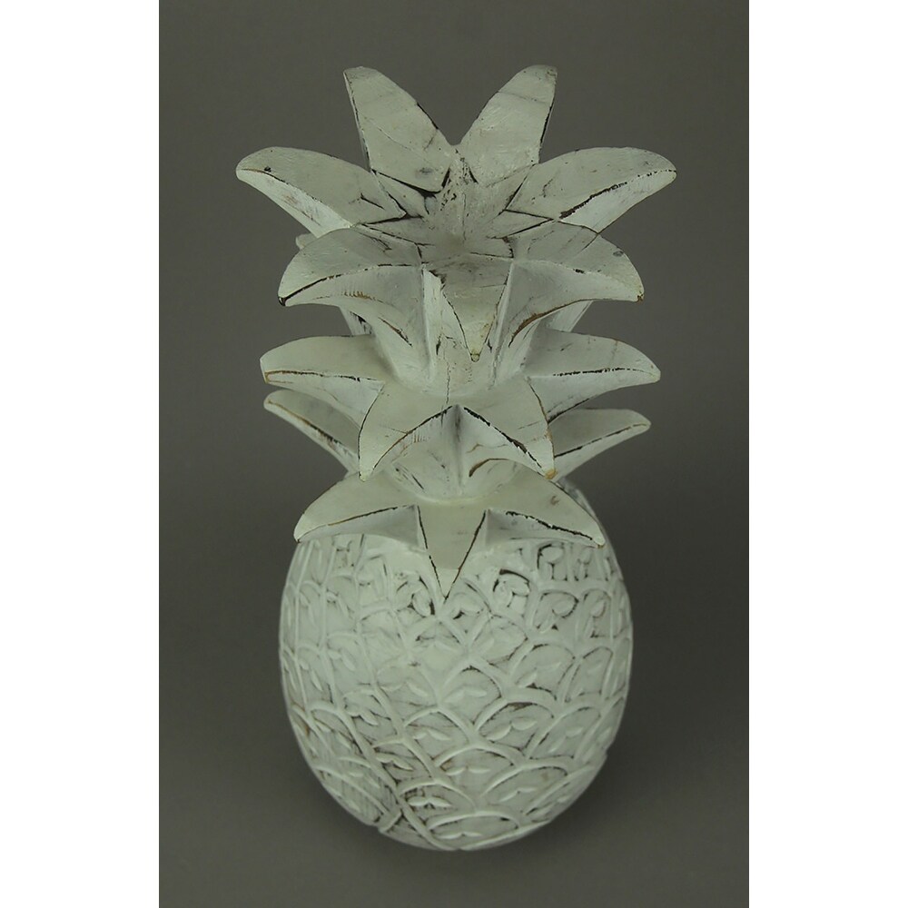 Rustic White Carved Wood Tropical Pineapple Decor Statue   14.75 X 6.25 X 6.25 inches