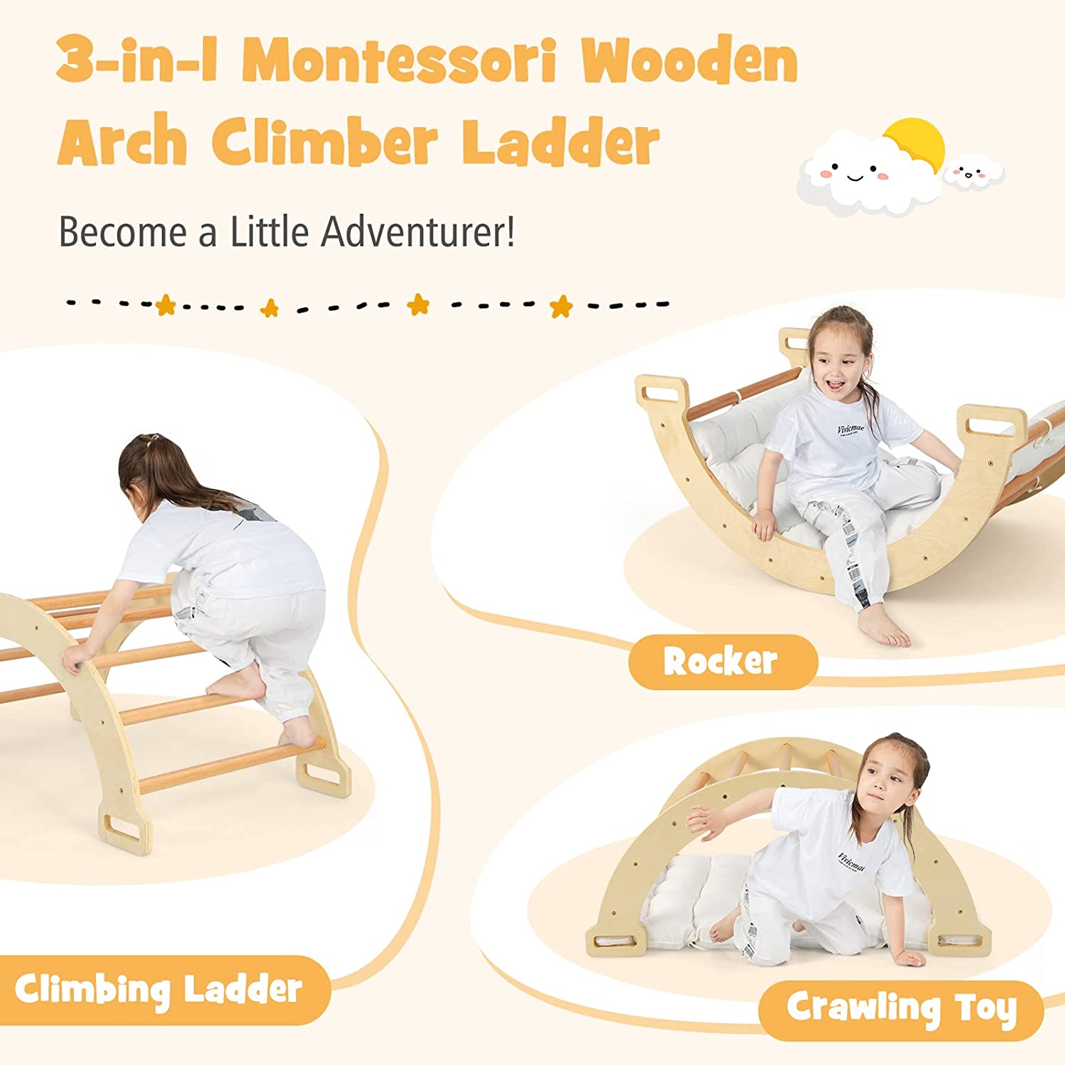 Climbing Toys for Toddlers， 2-in-1 Montessori Wooden Arch Climber Ladder Structure with Cozy Cushion， Children Indoor Outdoor Gym Learning Playset， Playground for Kids Gift