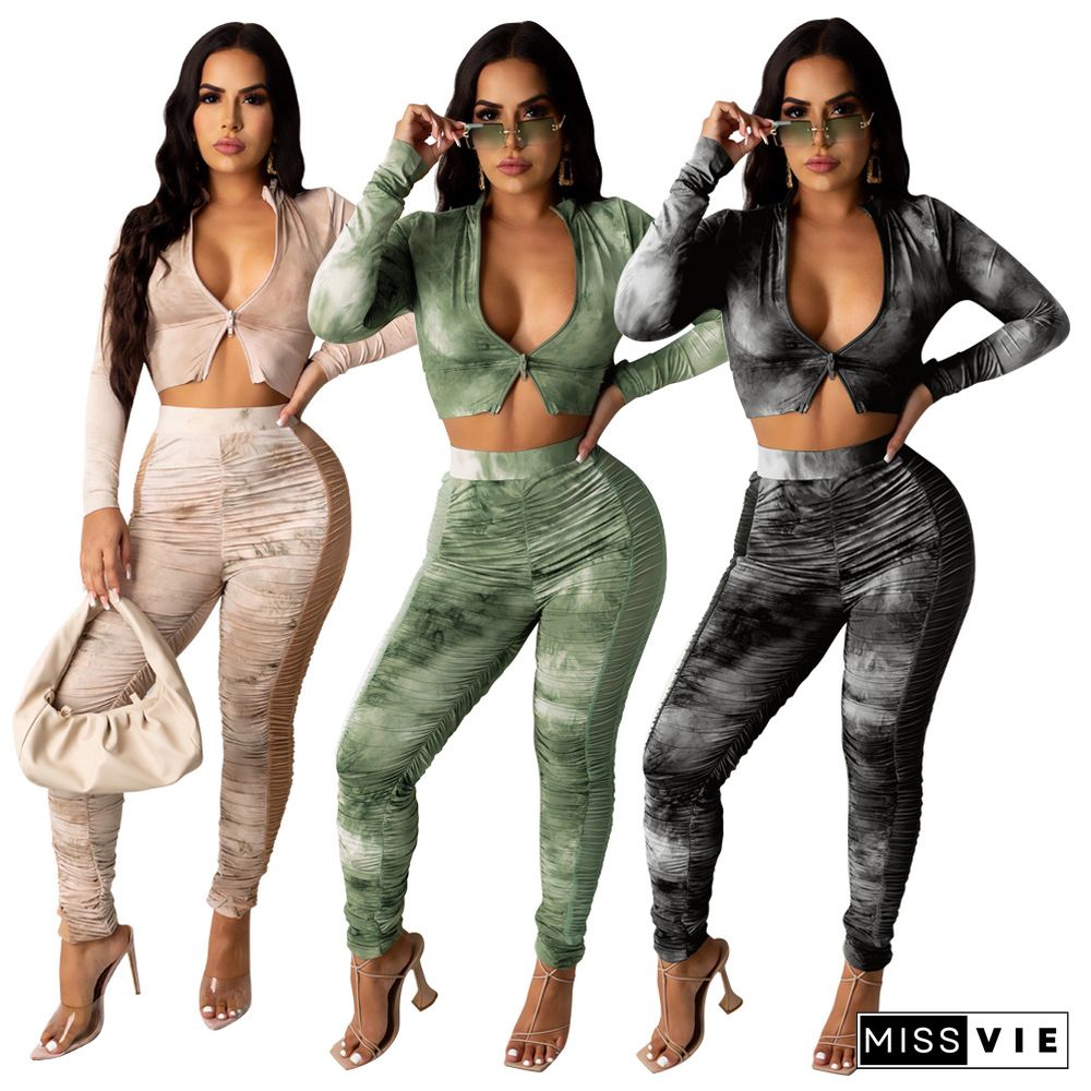 Tie Dye Zip Crop Top Pleated Stacked Pants Set