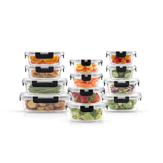 JoyFul by JoyJolt 24 Piece Washable Glass Food Storage Container Set With Leakproof Lids - Black- Pantry Organizers