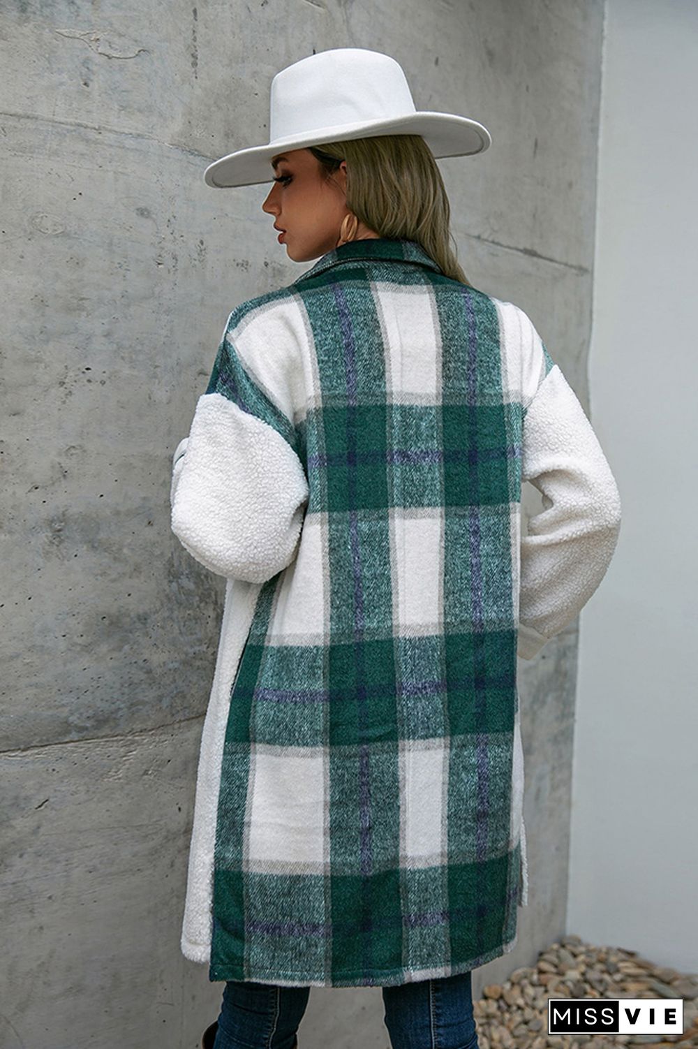 Fleece Open Button Plaid Patchwork Long Jackets