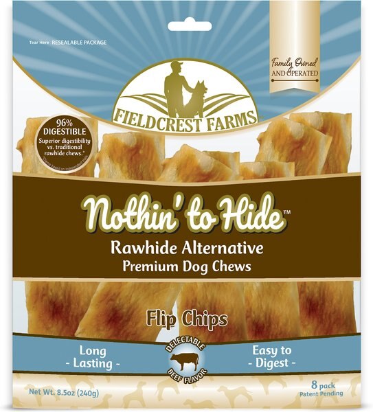 Fieldcrest Farms Nothin' To Hide Rawhide Alternative Premium Dog Chews Flip Chips Beef Flavor Natural Chew Dog Treats， 8 count