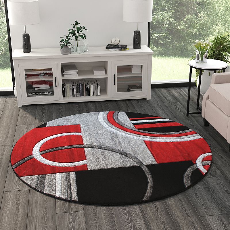 Masada Rugs Masada Rugs Sophia Collection 5'x5' Hand Sculpted Modern Contemporary Round Area Rug in Red， Gray， White and Black