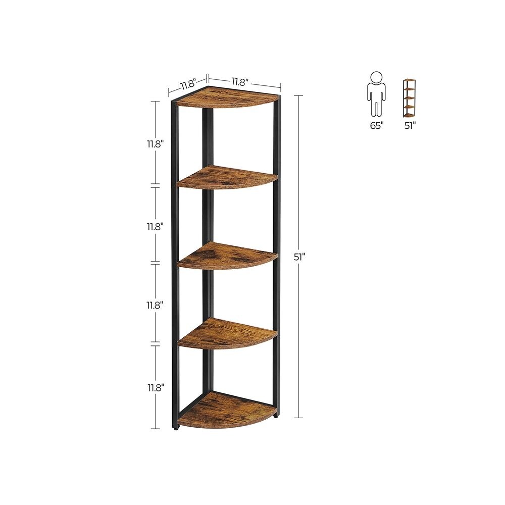 5 Tier Corner Shelf  Corner Bookshelf Small Bookcase  Tall Corner Storage Shelves   Rustic Brown and Black