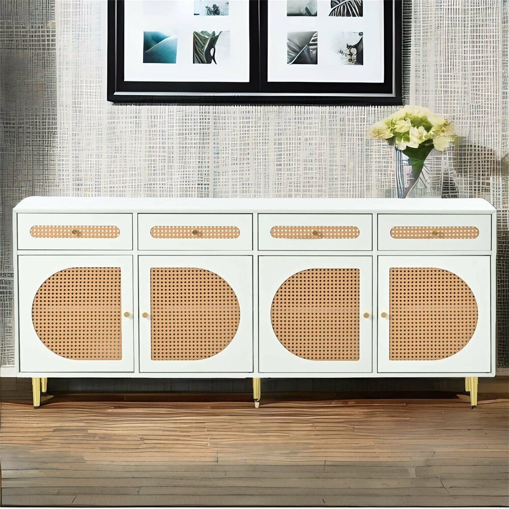 White Woven Storage Sideboard Cabinet with Adjustable Shelves