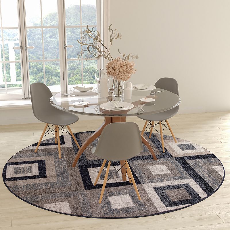 Masada Rugs Newton Collection Modern 8'x8' Round Accent Rug with Geometric Square Pattern in Blue， Gray and White