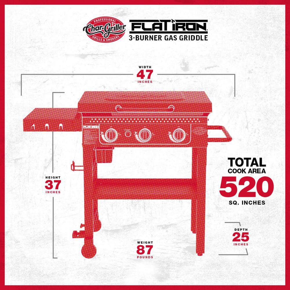 CharGriller Flat Iron 3Burner Outdoor Griddle Gas Grill with Lid in Black