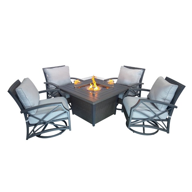 Kinger Home Ethan 5 piece Rattan Wicker Propane Fire Pit Set With An Aluminum Frame