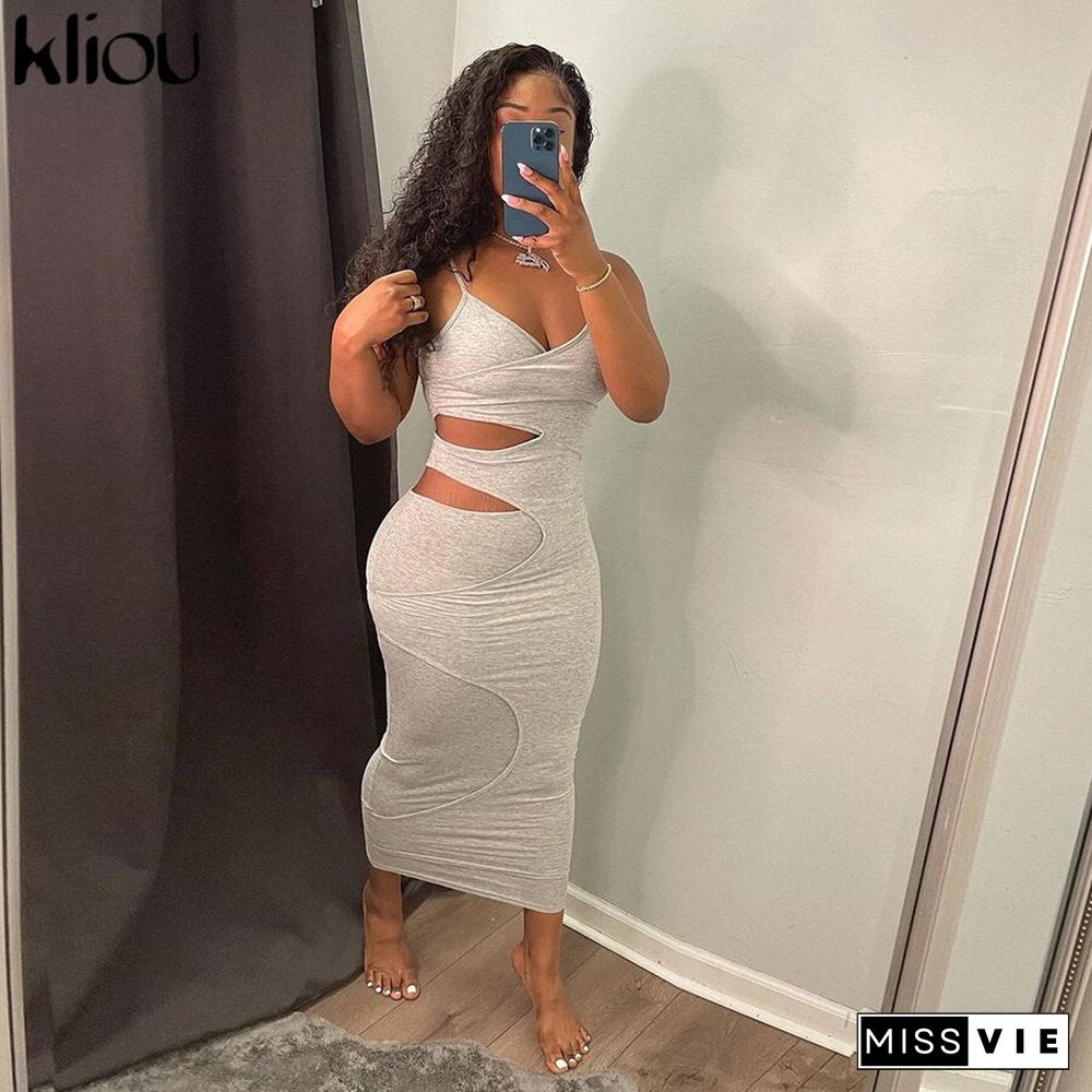 Kliou Cut Out Show Waist Sexy Maxi Dress Women Shape Streetwear Sleeveless Skinny Slim Bodycon Vestidos Sense of Design Hot