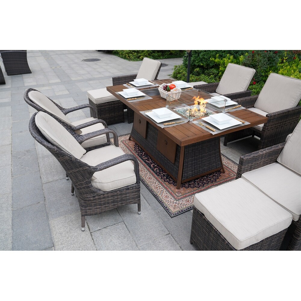 Brown Garden Patio Rectangular Dining Set With Gas Firepit And Ice Bucket and Ottomans