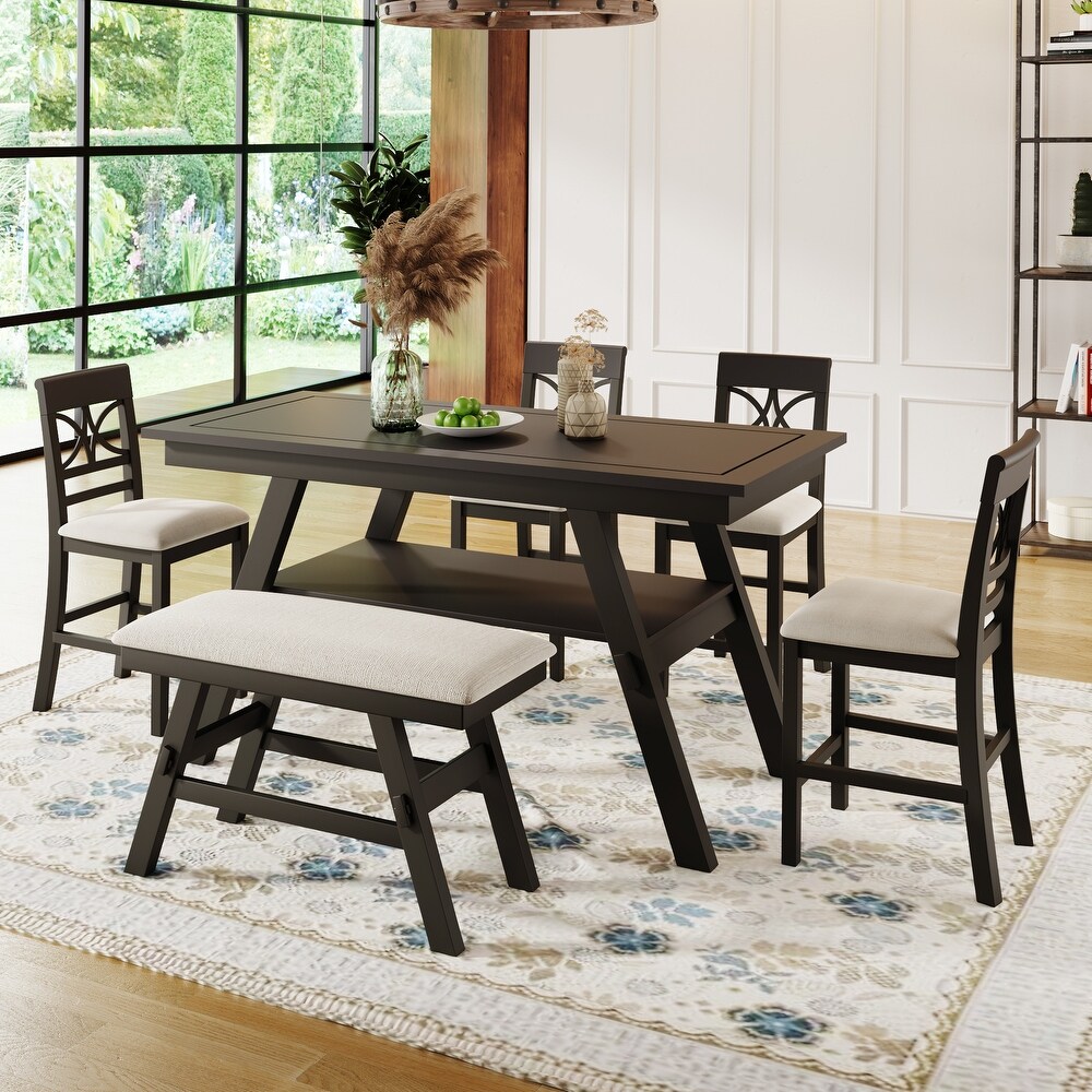 6 Piece Wood Counter Height Dining Table Set with Storage Shelf Bench 4 Chairs and Beige Cushion