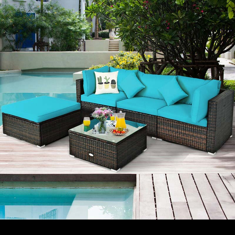 5 Pcs Outdoor Patio Rattan Furniture Sectional Sofa Set Wicker Conversation Set with Cushions