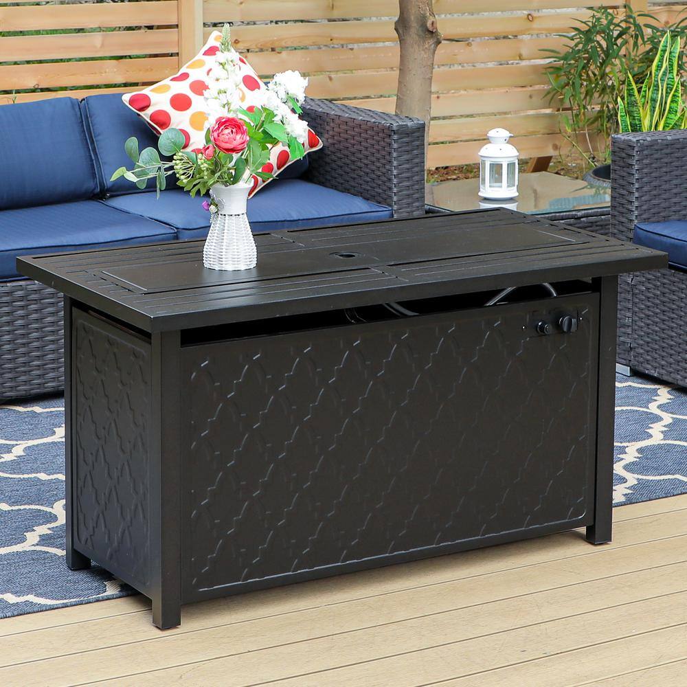 PHI VILLA Leather Grain 44.88 in. x 24.8 in. 50000 BTU Rectangle Metal Gas Fire Pit Table with Lid and Blue Fire Glass THD-E02GS007