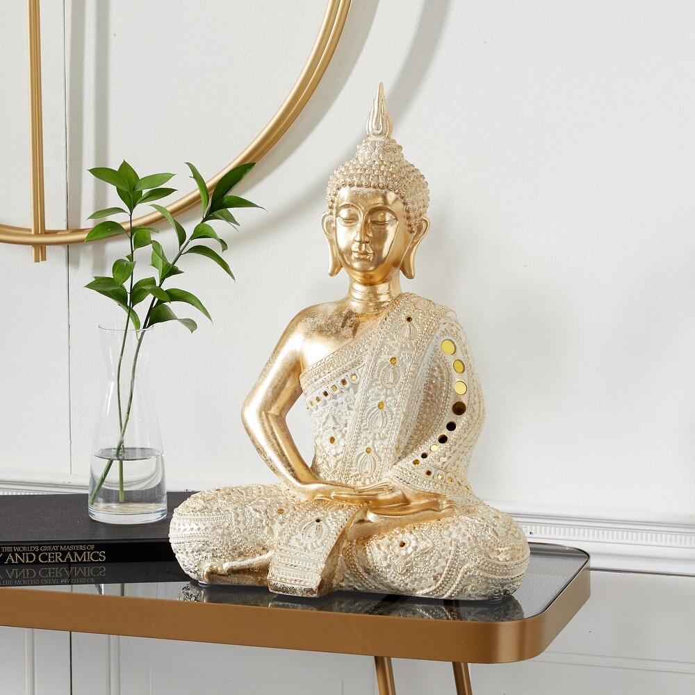 Gold Polystone Meditating Carved Buddha Sculpture with Intricate Carvings and Mirrored Embellishments   14 x 9 x 20