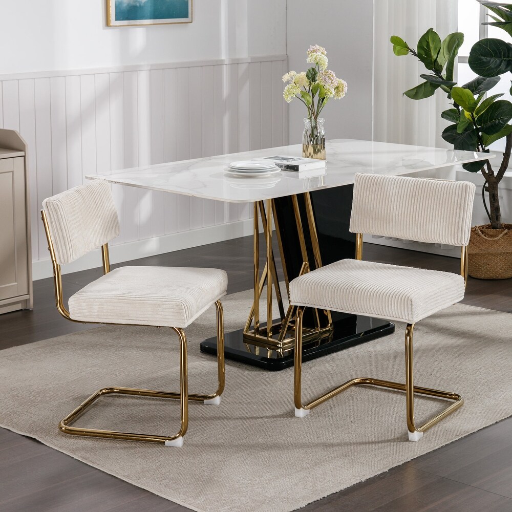 Modern Dining Chairs with Corduroy Fabric Gold Metal Base  Accent Armless Kitchen Chairs with Channel Tufting Set of 2