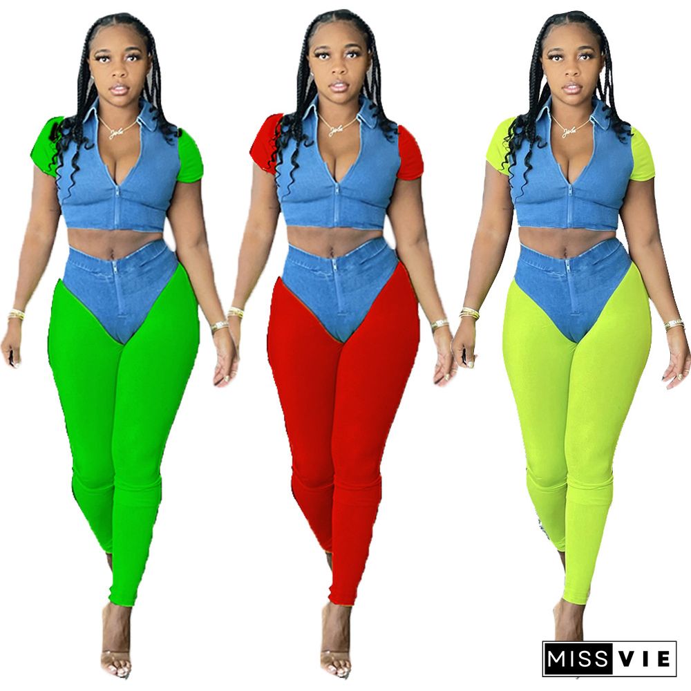 Contrast Color Patchwork Sexy Turn Down Collar Short Sleeve Crop Top+High Waist Jogger Pants 2 Piece Set