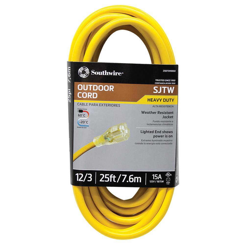 Southwire 25 ft. 123 SJTW Outdoor Heavy-Duty Extension Cord with Power Light Plug 2587SW8802